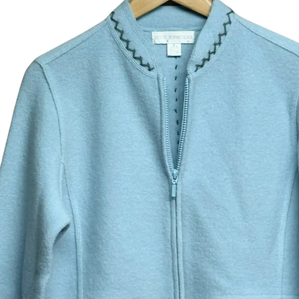 VTG 90s Petite Sophisticate Wool Zip Sweater Baby Blue Embroidered Alpine P Med